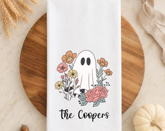 Floral Ghost Tea Towel, Halloween Kitchen Decor, Fall Hostess Gift, Cute Ghost Dish Towel