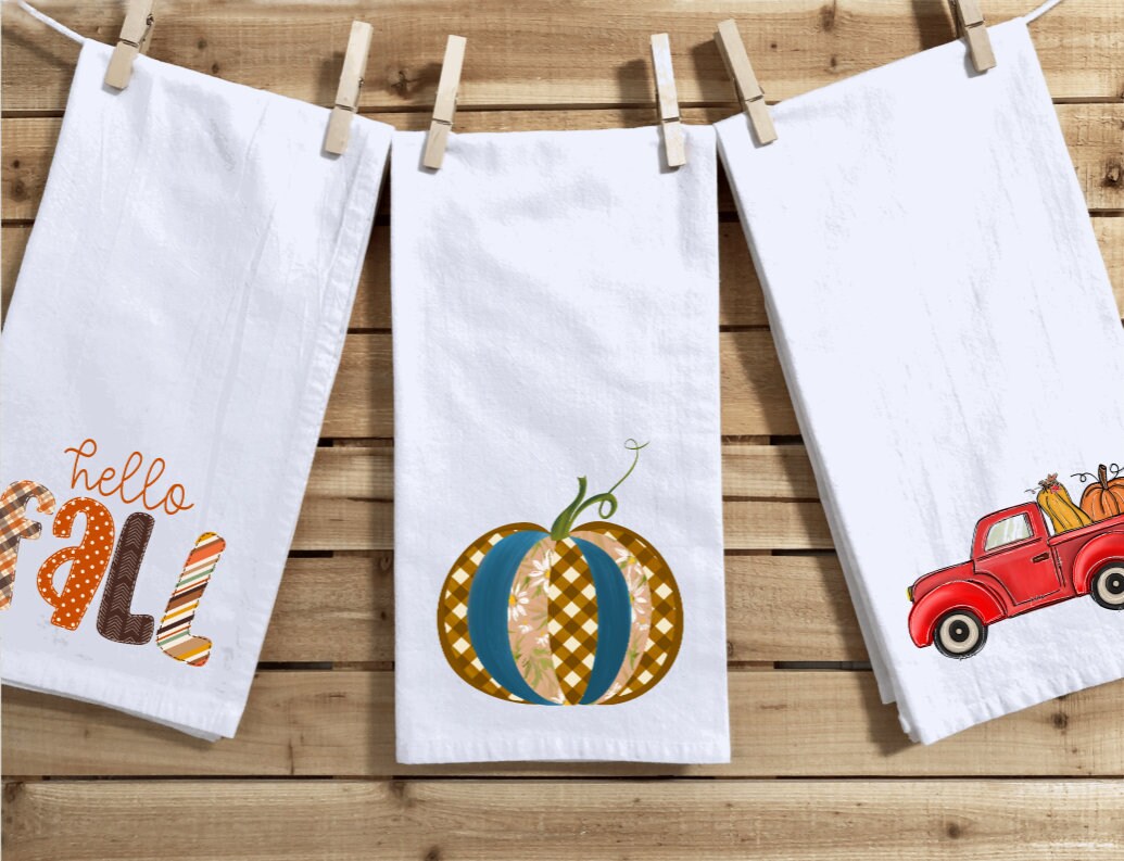 FillURbasket Herbst-Küchenhandtücher – 4 Stück, Rot, Mit Truck-Motiv, 100 % Baumwolle