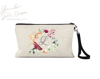 Personalized Makeup Cosmetic Bag Bridesmaid Gift, Monogram Cursive Script, Custom Initial, Pink Shades Floral Design, Floral Monogram Bag