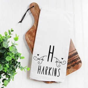 Personalized Family Name Tea Towel - Custom Flour Sack Kitchen Towel, Housewarming Gift, Wedding Gift, Farmhouse Decor, Hostess Gift