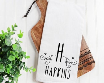 Personalized Farmhouse Style Tea Towel, Family Name Flour Sack Towel, Monogrammed Tea Towel, Housewarming Gift, Hostess Gift, Wedding Gift