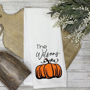 Fall Pumpkin Personalized Tea Towel, Autumn Kitchen Towel, Farmhouse Thanksgiving Dish Towel, Fall Home Decor, Flour Sack Towel