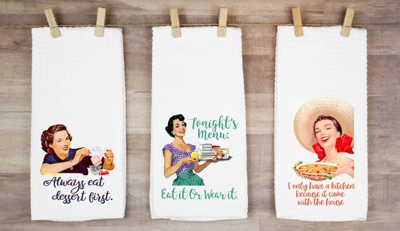 Retro Housewife Kitchen Towel Set Funny Tea Towels Pinup Etsy