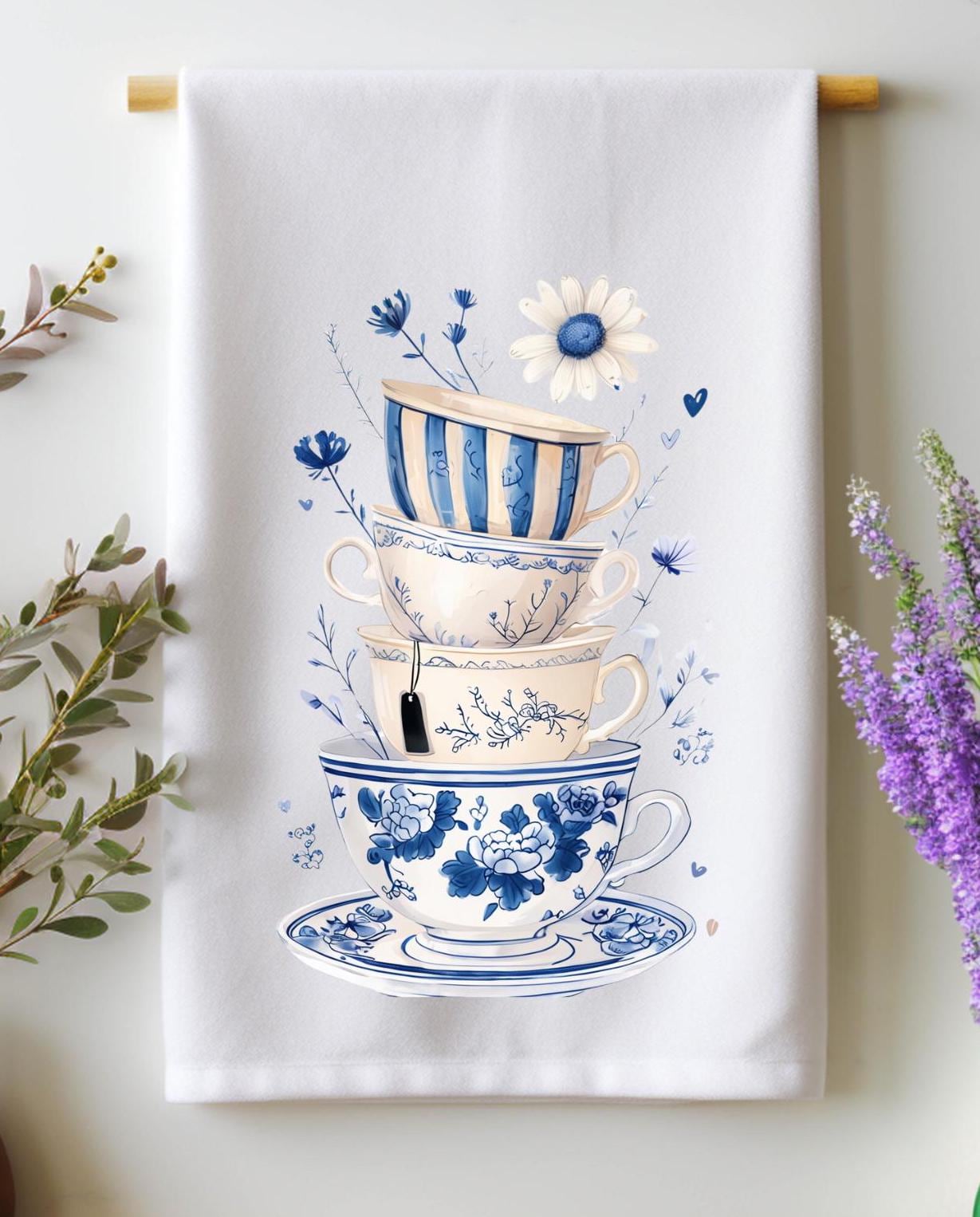 Stack of Teacups Tea Towel - Blue and White Chinoiserie Dish Towel - Floral Kitchen Towel - Feminine Farmhouse Decor - Tea Lover Gift