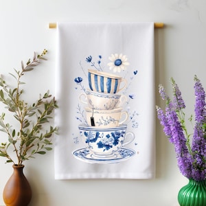 Stack of Teacups Tea Towel - Blue and White Chinoiserie Dish Towel - Floral Kitchen Towel - Feminine Farmhouse Decor - Tea Lover Gift