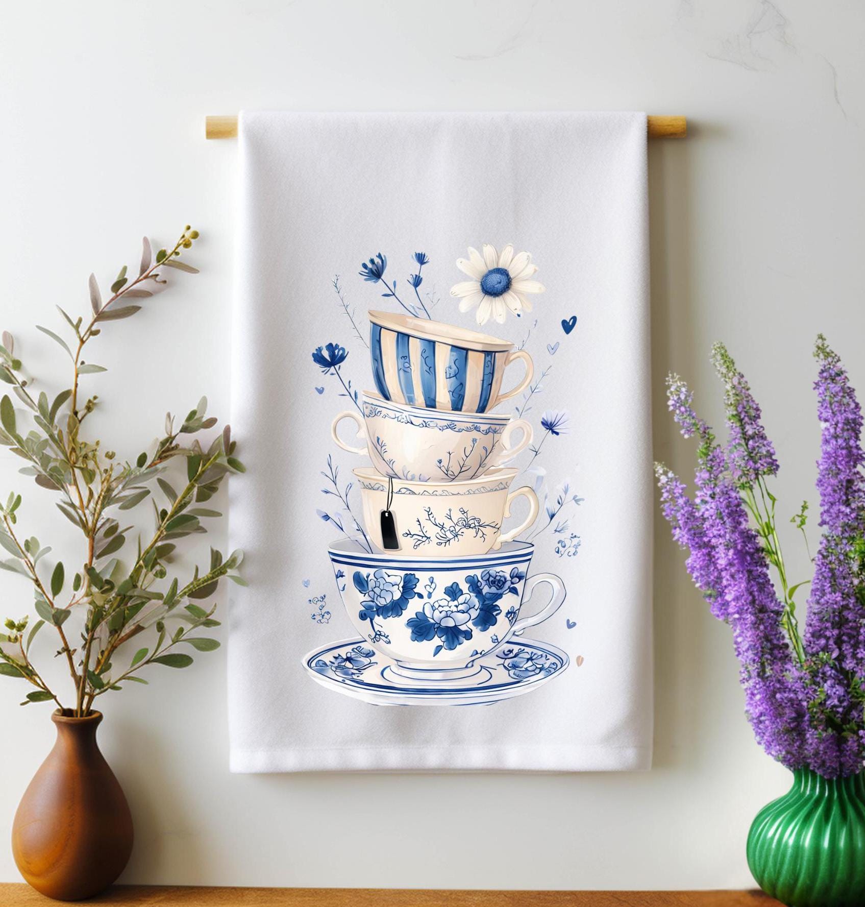 Stack of Teacups Tea Towel - Blue and White Chinoiserie Dish Towel - Floral Kitchen Towel - Feminine Farmhouse Decor - Tea Lover Gift