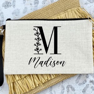 Personalized Makeup Bag with Initial - Custom Name Cosmetic Pouch, Bridesmaid Gift, Floral Monogram Toiletry Bag, Birthday Gift for Her