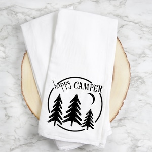 Happy Camper Cotton Tea Towel: Camping RV Decor Gift