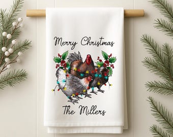 Personalized Chicken Christmas Tea Towel: Farmhouse Decor, Chicken Lover Gift