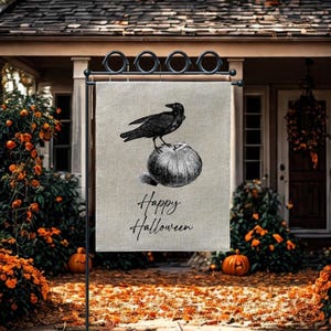 Vintage Crow Halloween Garden Flag, Gothic Fall Yard Decor, Happy Halloween Outdoor Flag, Pumpkin Porch Flag, Spooky Crow Flag