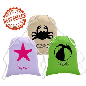 Personalisierte Strandtasche für Jungen - Benutzerdefinierter Name Kordelzug Rucksack - Kinder Sommertasche - Wasserball Tote - Urlaub Geschenk
