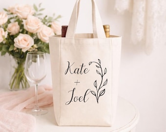 Personalized Wine Tote with Names and Sprig Design – Custom Wine Gift Bag for Couples, Wedding, Anniversary, or Housewarming Gift