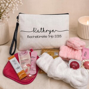 Bachelorette Gift Set Spa Bridesmaid Proposal Wedding Party Favor Custom Name Bag Personalized Wristlet Pouch Makeup Remover Headband Self