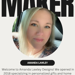 May include: A portrait of Amanda Lawley inside a circular frame, positioned below the bold black text MEET THE MAKER. Below the portrait, a black rectangular label reads AMANDA LAWLEY, followed by text describing the studio's history and mission.
