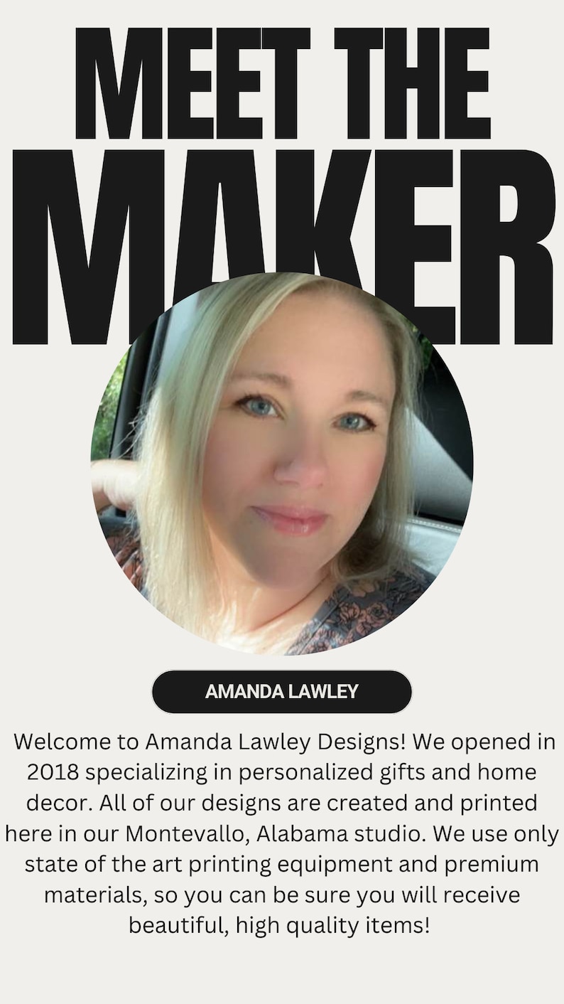 May include: A portrait of Amanda Lawley inside a circular frame, positioned below the bold black text MEET THE MAKER. Below the portrait, a black rectangular label reads AMANDA LAWLEY, followed by text describing the studio's history and mission.