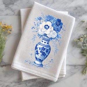 Blue and White Vase Tea Towel - Chinoiserie Floral Dish Towel - Feminine Kitchen Towel - Vintage Inspired Decor - Gift for Tea Lovers