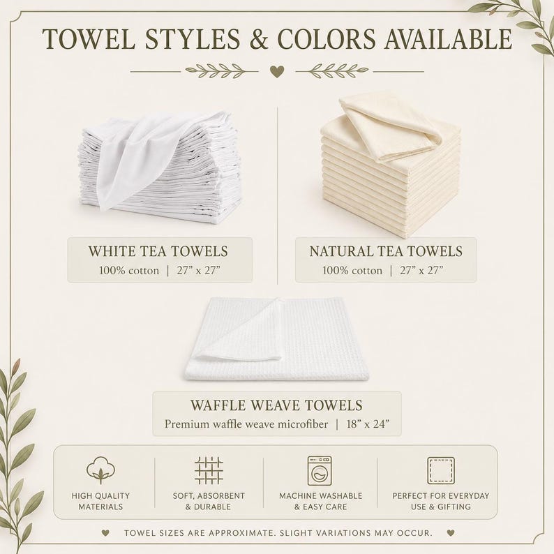 a variety of towel styles and colors available, including white tea towels, natural tea towels, and waffle weave towels.