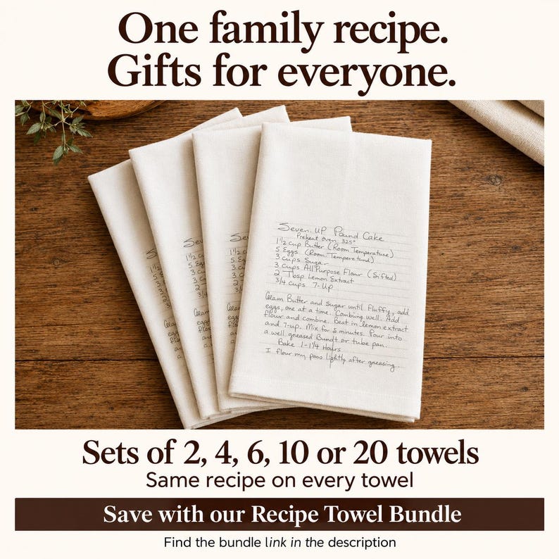 May include: A set of off-white rectangular kitchen towels featuring a handwritten Seven-Up Pound Cake recipe printed in black ink. The text includes ingredients like butter, eggs, sugar, flour, lemon extract, and 7-Up, along with baking instructions.