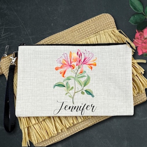 Personalized Birth Flower Makeup Bag - Custom Name Pouch - Birthday Gift for Her - Bridesmaid Cosmetic Bag - Floral Monogram Bag