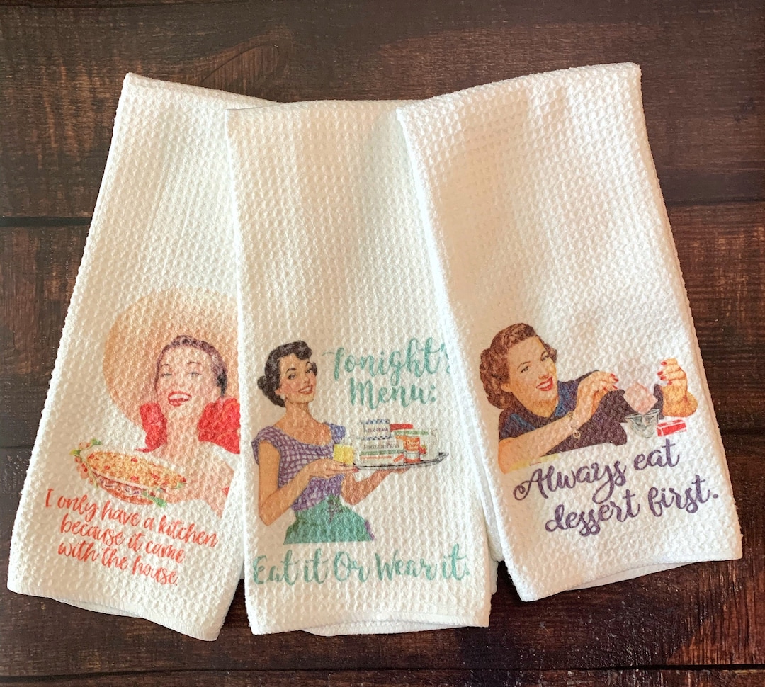 Retro Housewife Vintage Style Kitchen Towel Set, Funny Tea Towels ...