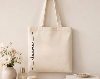 Borsa tote personalizzata con nome, borsa tote in tela personalizzata, regalo minimalista per lei, borsa per libri in cotone naturale, borsa tote per insegnanti
