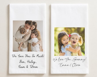 Personalized Family Photo Tea Towel, Custom Gift for Parents or Grandparents, Add Your Picture and Text, Custom Kitchen Decor Keepsake