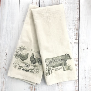 Set di strofinacci da cucina in stile vintage con latte e uova, strofinaccio in cotone con sacco di farina, regalo di anniversario, regalo per la cucina della fattoria, amante delle mucche, polli