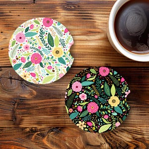 Bright Floral Car Coaster Set of 2, Pink Car Accessories, Cute Cup Holder Coasters, Vehicle Decor, Gift for Her
