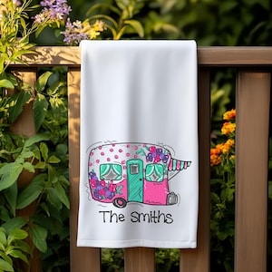 Personalized Floral Camper Tea Towel: RV Decor, Camping Gift