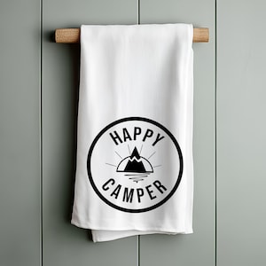 Happy Camper Tea Towel: Rustic Cabin Decor