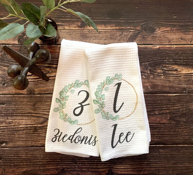 Personalized White Cotton Tea Towel With Greenery Wreath Etsy
