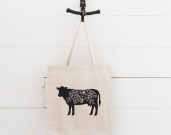 Cow Farmer's Market Reusable Grocery Tote, Cotton Canvas Tote, Farm Lover Tote, Farm Animals Shoulder Bag, Barnyard Theme, Cow Tote Bag