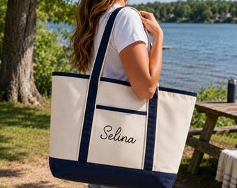 Borsa tote in tela personalizzata, borsa tote con nome personalizzato, borsa da spiaggia con monogramma, borsa tote da viaggio grande, borsa tote regalo per insegnanti, borsa per damigella d'onore