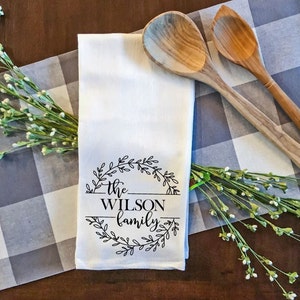 Personalized Family Name Tea Towel, Flour Sack Tea Towel, Kitchen Hand Towel, Family Kitchen Hand towel, Farmhouse Kitchen Towel, Dish Towel