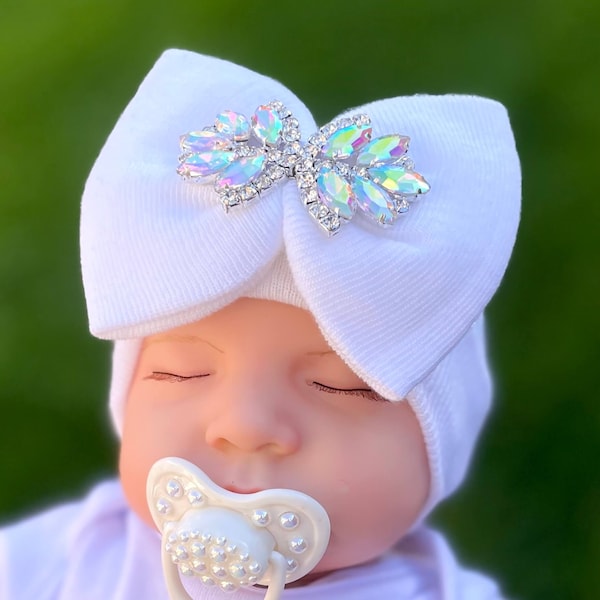 Newborn hospital hat wit big crystal bow,infant baby hat, baby beanie, newborn hospital hat, baby hats, hospital bow hat big bow