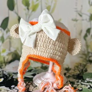 Hand-Knitted Baby Girl Winter Hat with Ears & Velvet Bow – Handmade Christmas Gift, Crochet Winter Hat For Baby Girl, Baby Hat with Ears