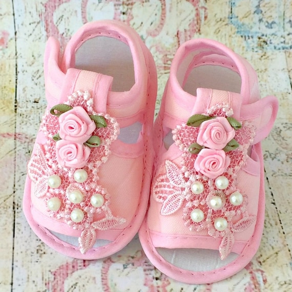 Handmade Baby Girl Christening Sandals Pink Roses/Gifts for Baby  Girl/Christening Gifts/Baby Girl Baptism Gifts/Pink Baby Girl Baptism Shoes
