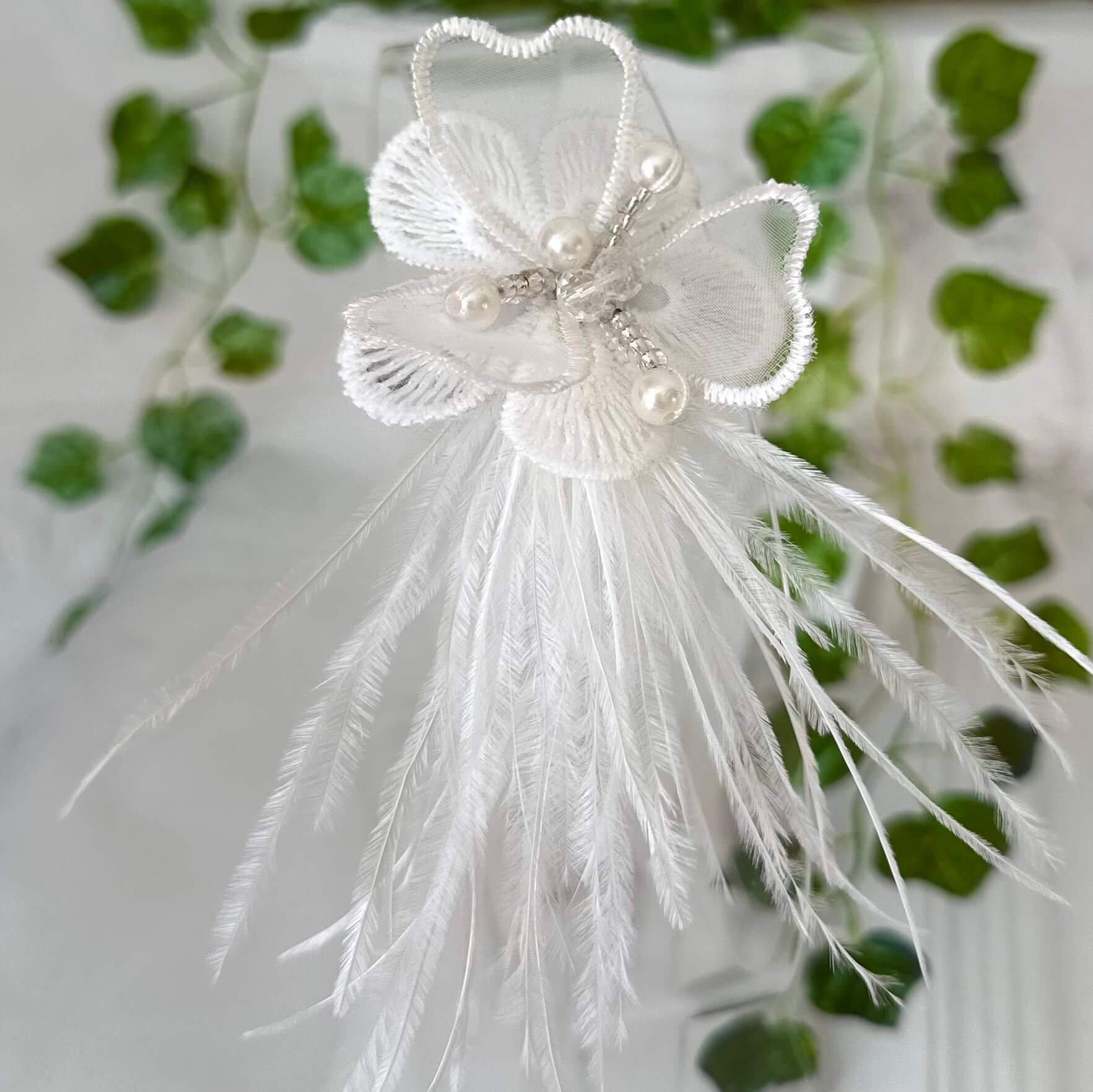 Pearl & Feather Hair Clip, White Organza Flower, Bridal 