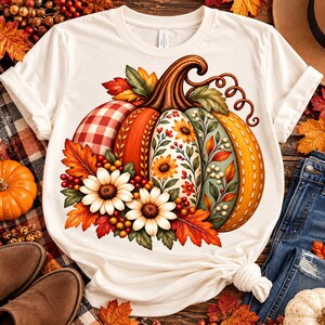 Patchwork Pumpkin PNG, Autumn Floral Design, Sublimation (Digital Download)