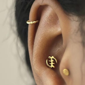 May include: Close-up of an ear adorned with gold jewelry. A small, gold helix earring with a twisted design sits at the top. A gold stud earring and a gold Adinkra symbol stud are also visible.