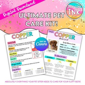 Może przedstawiać: Cyfrowe pobieranie zestawu do pielęgnacji zwierząt domowych zatytułowanego "Ultimate Pet Care Kit!" z nazwą "Copper". Zestaw zawiera edytowalne szablony dla jedzenia, leków, zasad domowych, ćwiczeń, alergii i codziennej rutyny. Dołączone jest zdjęcie Golden Retrievera.