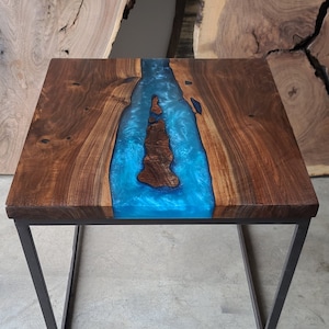 Black Walnut Resin Side Table with Multi-Blue River
