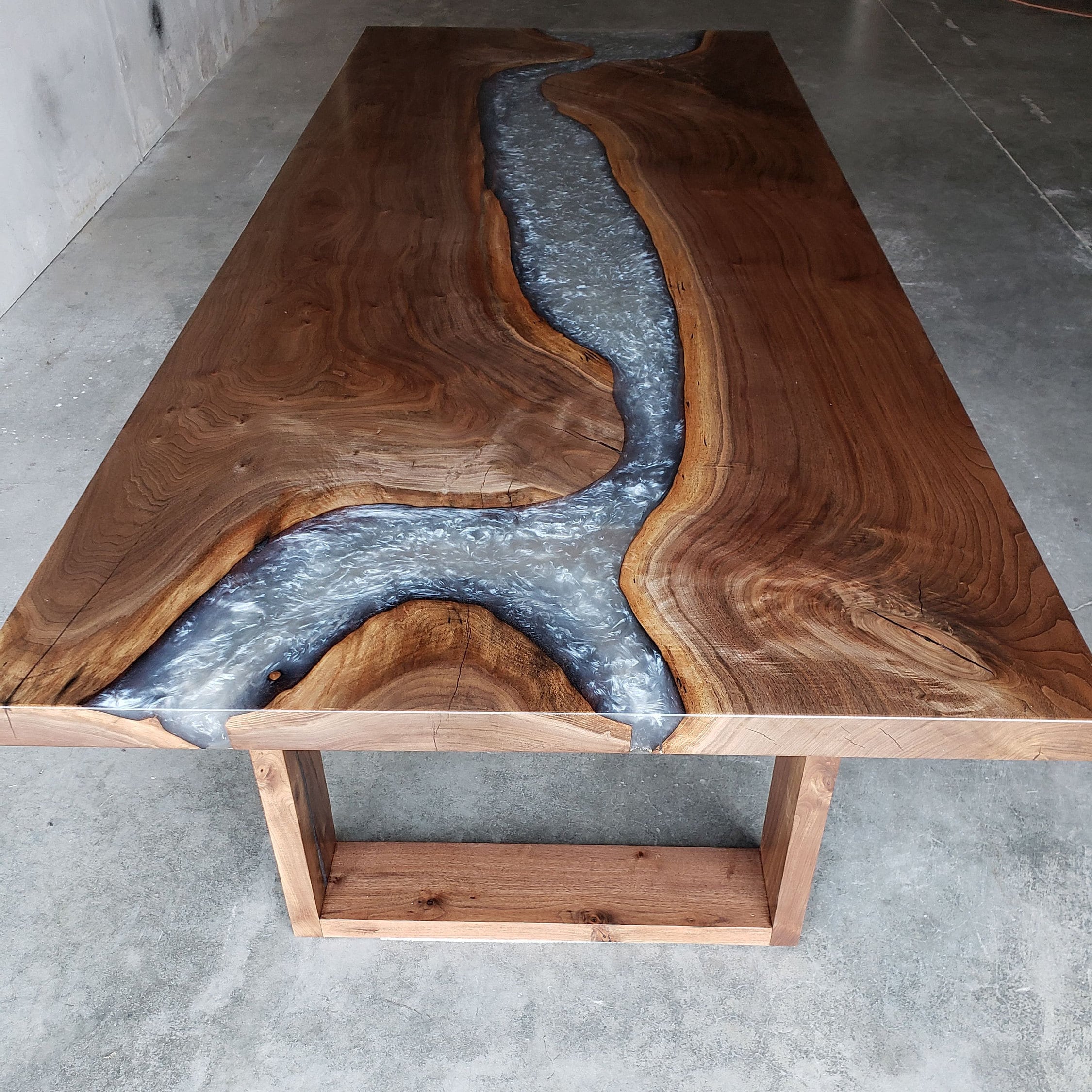 Custom Black Walnut Resin Dining Table With Metallic Grey River