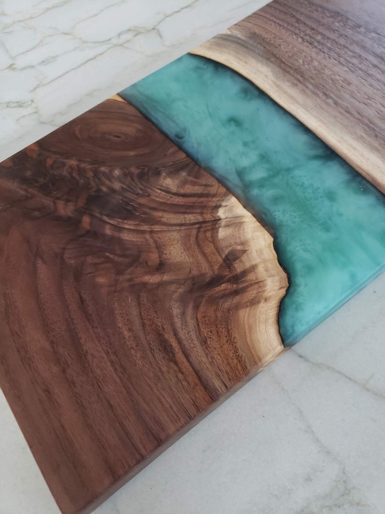 Walnut and Turquoise Resin River Serving Board image 1