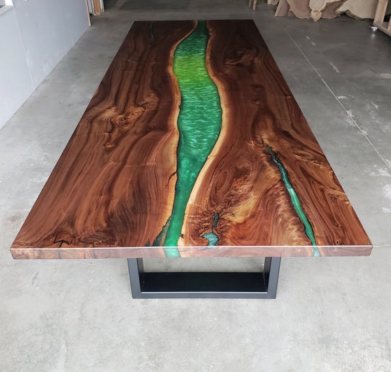 Custom Black Walnut Resin Dining Table With Emerald Green River