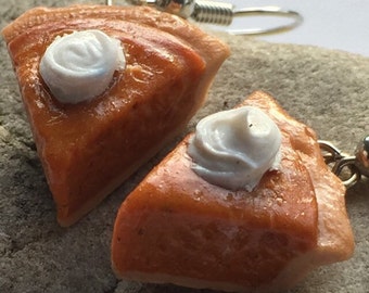 Pumpkin pie dangle earrings. Realistic fall dessert jewelry. Miniature clay food for baker.