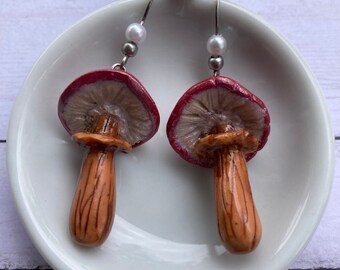 Red and white  mushroom dangle earrings. Cottage core, goblin core.