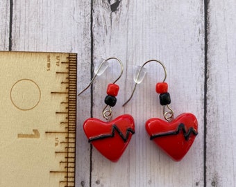 Valentine heart dangle earrings. Red heartbeat jewelry.