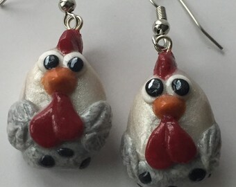 Chicken earrings.Farm girl earrings. Pet chicken gift. Whimsical chicken earrings. Cute dangle chicken jewelry.