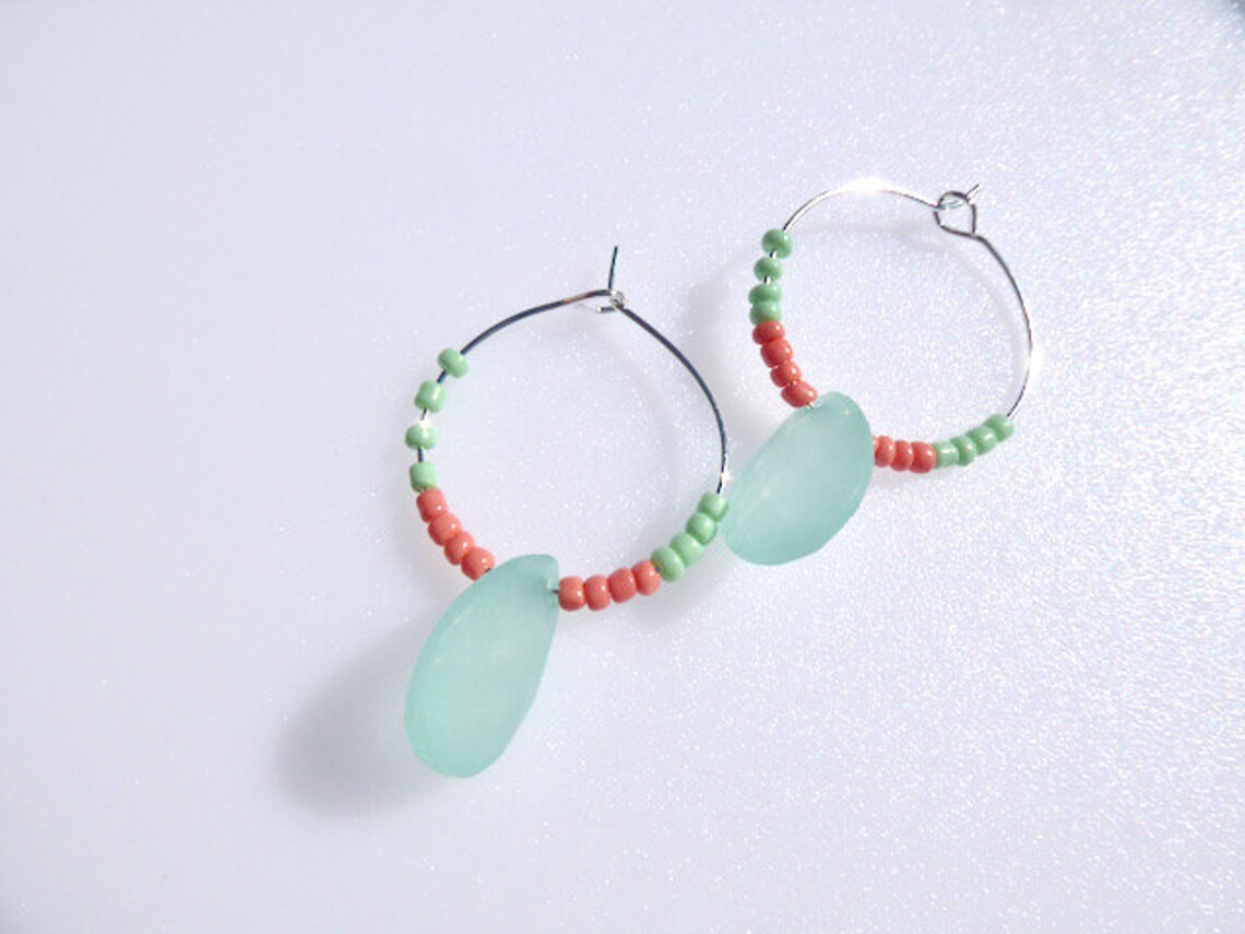 Green Orange Silver Hooped Earrings/Dangle Drop Etsy